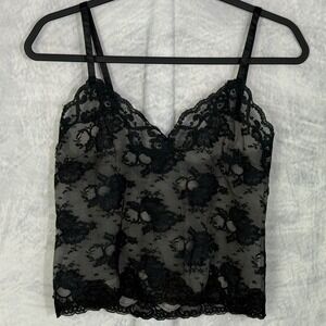 Vtg 70s Ambria Black Floral Lace Sheer Cami Top Sz 6 Whimsigoth Fairy Grunge